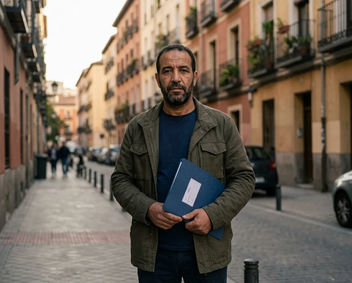 Hombre sentado con gesto serio mientras revisa un certificado oficial