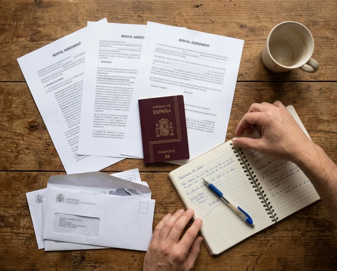 Hombre ordenando contratos, certificados y facturas sobre una mesa