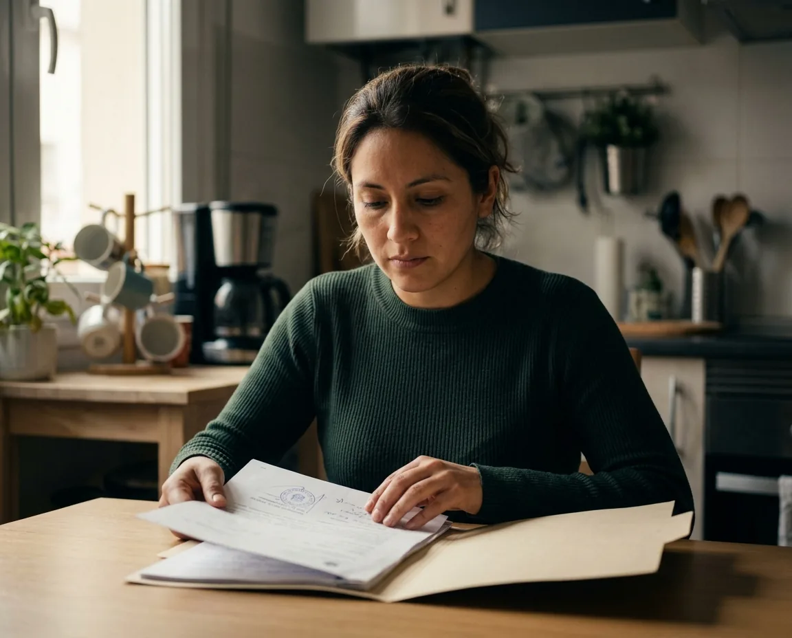Mujer revisando documentos oficiales sobre una mesa en su casa