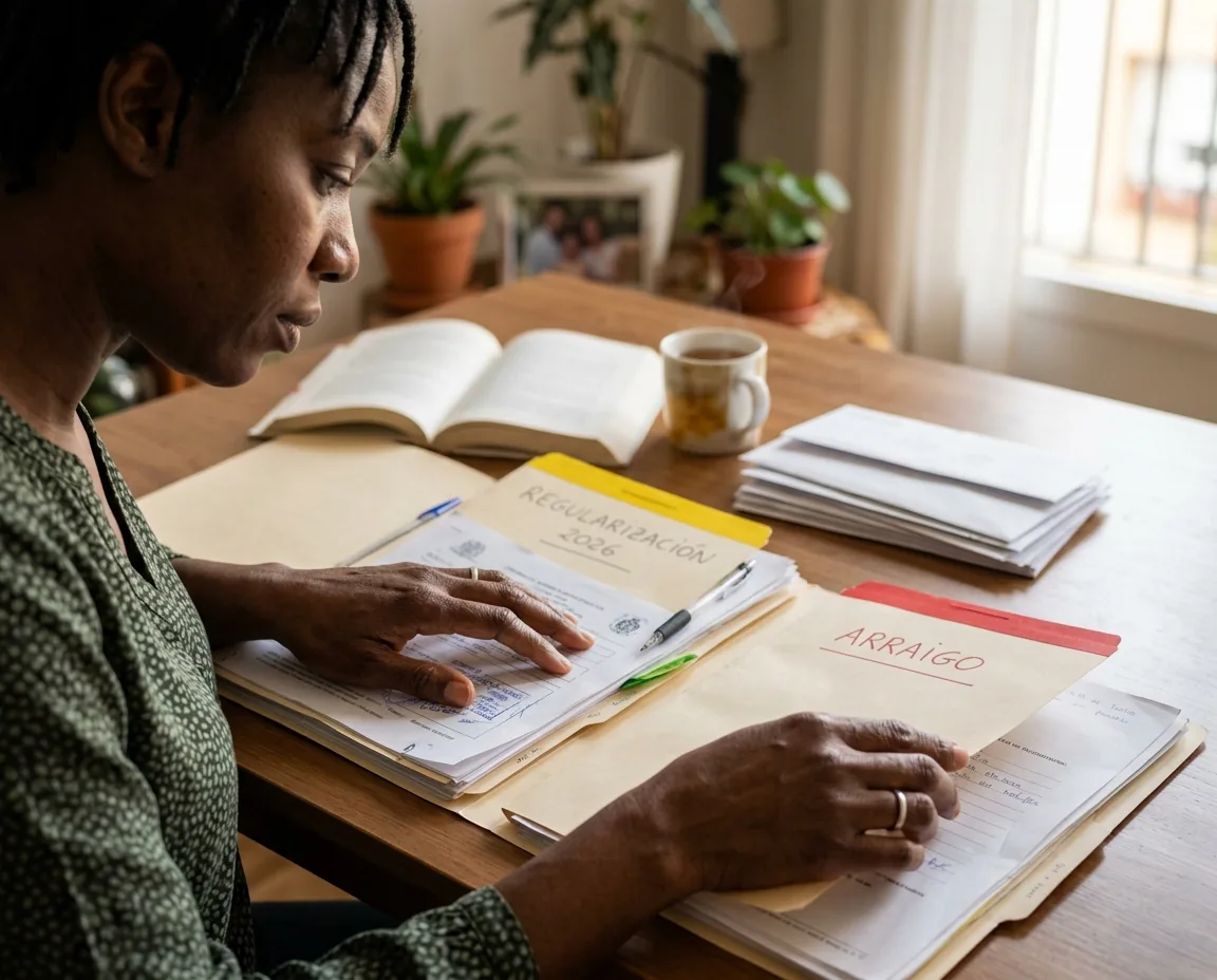 Persona comparando dos carpetas de trámites sobre una mesa