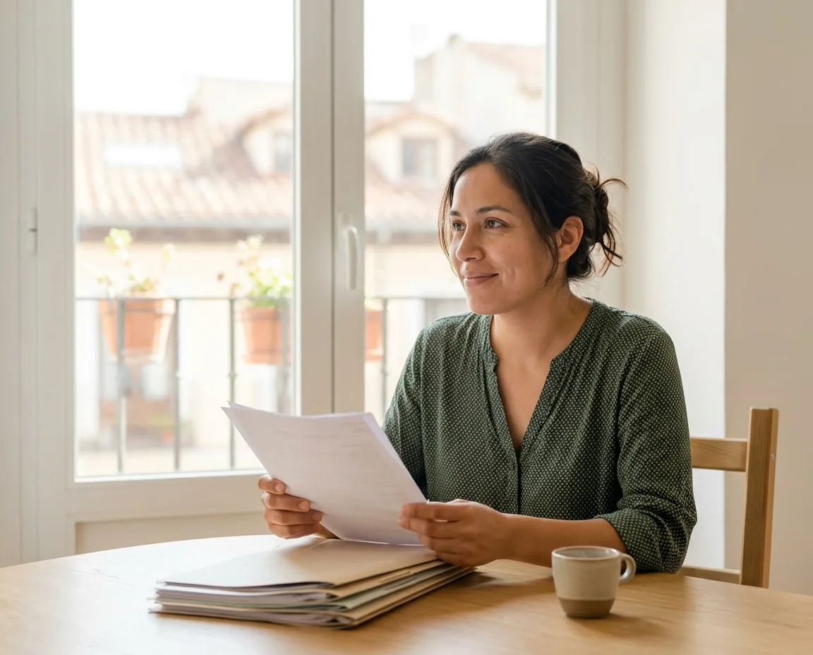 Mujer mirando una carpeta con documentos de residencia y nacionalidad